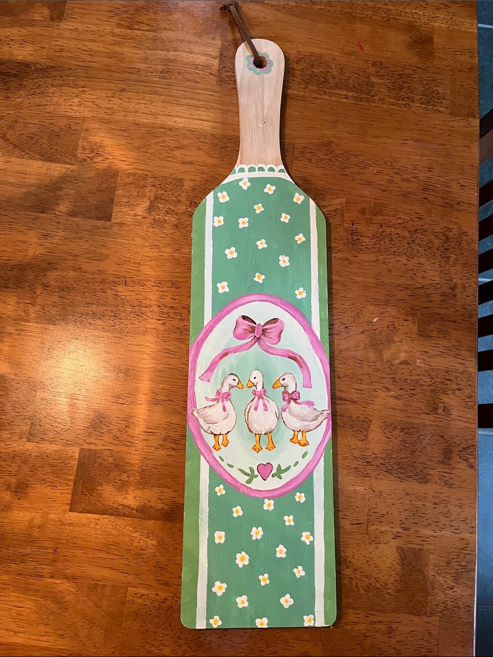 Handpainted Decorative Paddle with Ducks - Green & Pink